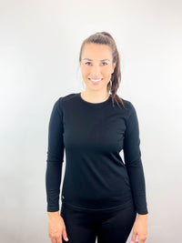 EBONY_WOMENS 100% MERINO (210) LONG SLEEVE SATIN CREW TOP BLACK _ _ Ebony Boutique NZ