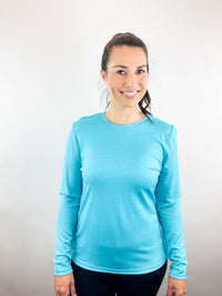 EBONY_WOMENS 100% MERINO (210) LONG SLEEVE SATIN CREW TOP AQUA _ _ Ebony Boutique NZ