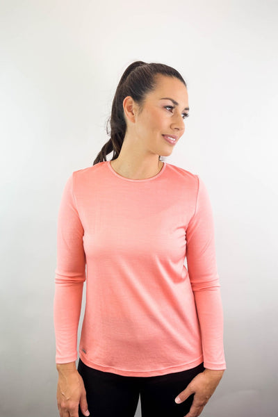 EBONY_WOMENS 100% MERINO (210) LONG SLEEVE SATIN CREW TOP MELON _ _ Ebony Boutique NZ