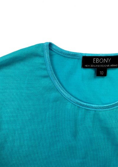 EBONY_WOMENS 100% MERINO (210) LONG SLEEVE SATIN CREW TOP AQUA _ _ Ebony Boutique NZ