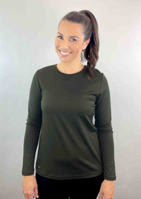 EBONY_WOMENS 100% MERINO (210) LONG SLEEVE SATIN CREW TOP OLIVE _ _ Ebony Boutique NZ