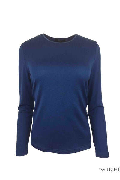 EBONY_WOMENS 100% MERINO (210) LONG SLEEVE SATIN CREW TOP TWILIGHT _ _ Ebony Boutique NZ