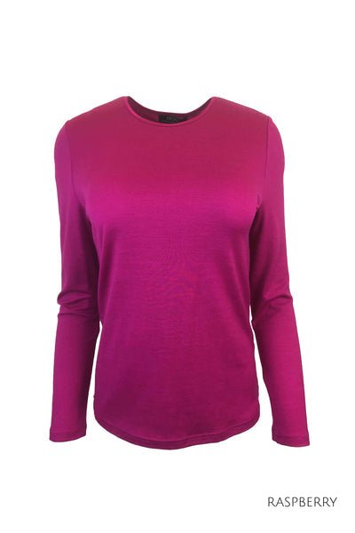 EBONY_WOMENS 100% MERINO (210) LONG SLEEVE SATIN CREW TOP RASPBERRY _ _ Ebony Boutique NZ