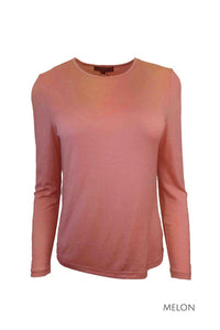 EBONY_WOMENS 100% MERINO (210) LONG SLEEVE SATIN CREW TOP MELON _ _ Ebony Boutique NZ