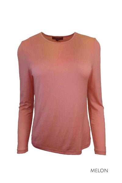 EBONY_WOMENS 100% MERINO (210) LONG SLEEVE SATIN CREW TOP MELON _ _ Ebony Boutique NZ