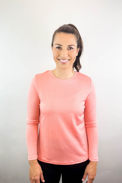 EBONY_WOMENS 100% MERINO (210) LONG SLEEVE SATIN CREW TOP MELON _ _ Ebony Boutique NZ