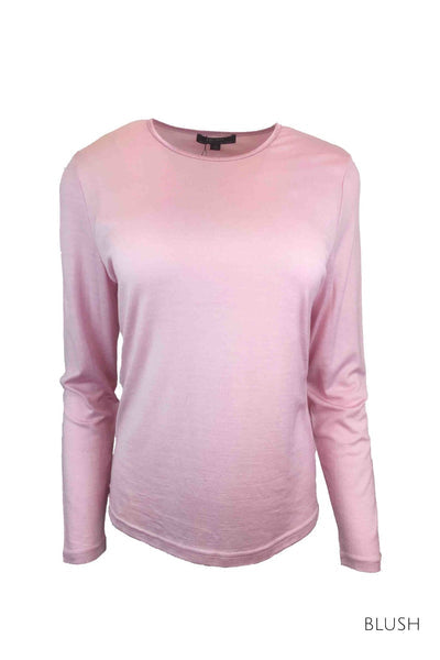 EBONY_WOMENS 100% MERINO (210) LONG SLEEVE SATIN CREW TOP BLUSH _ _ Ebony Boutique NZ