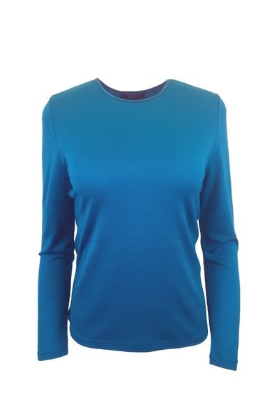 EBONY_WOMENS 100% MERINO (210) LONG SLEEVE SATIN CREW TOP TEAL _ _ Ebony Boutique NZ