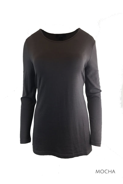 EBONY_WOMENS 100% MERINO (210) LONGLINE SCOOP LONG SLEEVE TOP MOCHA _ _ Ebony Boutique NZ