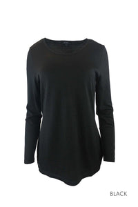 EBONY_WOMENS 100% MERINO (210) LONGLINE SCOOP LONG SLEEVE TOP BLACK _ _ Ebony Boutique NZ