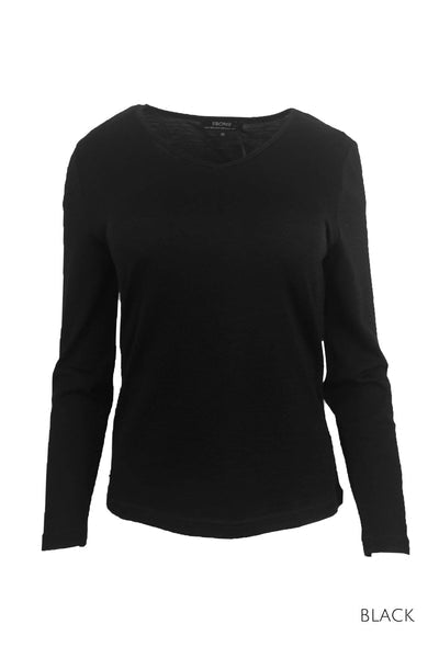 EBONY_WOMENS 100% MERINO (210) LONG SLEEVE V NECK TOP BLACK _ _ Ebony Boutique NZ