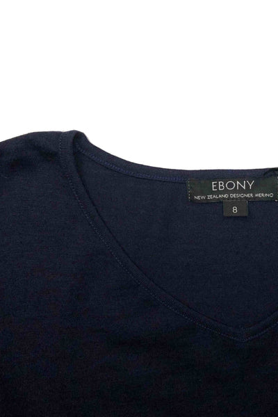 EBONY_WOMENS 100% MERINO (210) LONG SLEEVE V NECK TOP NAVY _ _ Ebony Boutique NZ
