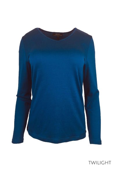 EBONY_WOMENS 100% MERINO (210) LONG SLEEVE V NECK TOP TWILIGHT _ _ Ebony Boutique NZ