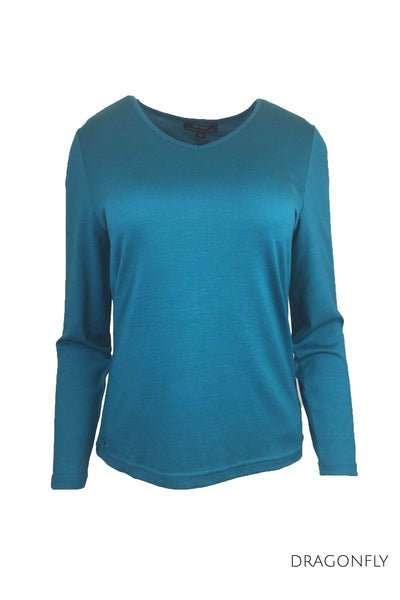 EBONY_WOMENS 100% MERINO (210) LONG SLEEVE V NECK TOP DRAGONFLY _ _ Ebony Boutique NZ