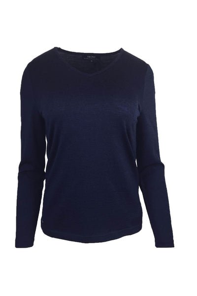 EBONY_WOMENS 100% MERINO (210) LONG SLEEVE V NECK TOP NAVY _ _ Ebony Boutique NZ