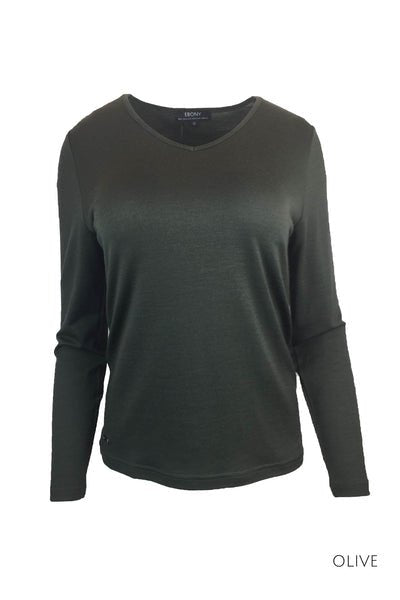 EBONY_WOMENS 100% MERINO (210) LONG SLEEVE V NECK TOP OLIVE _ _ Ebony Boutique NZ