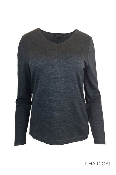 EBONY_WOMENS 100% MERINO (210) LONG SLEEVE V NECK TOP CHARCOAL _ _ Ebony Boutique NZ