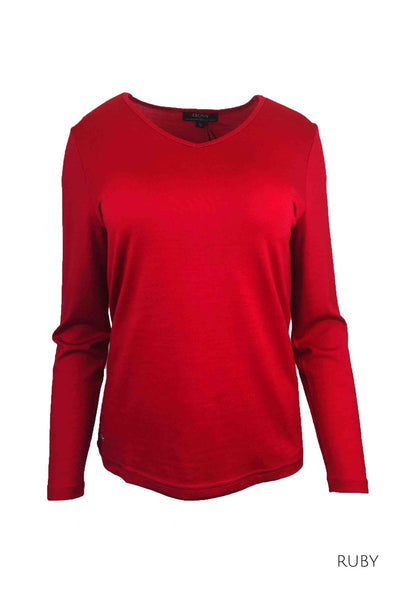 EBONY_WOMENS 100% MERINO (210) LONG SLEEVE V NECK TOP RUBY _ _ Ebony Boutique NZ