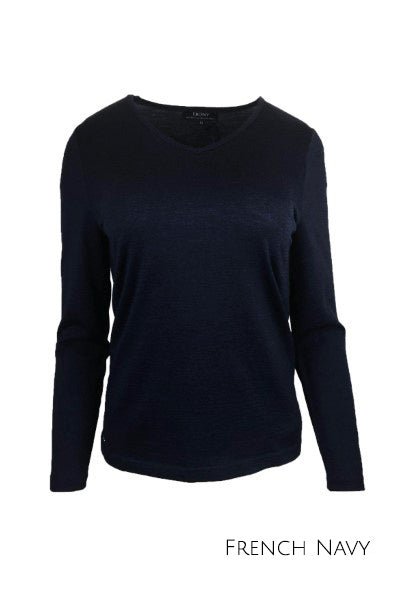 EBONY_WOMENS 100% MERINO (210) LONG SLEEVE V NECK TOP FRENCH NAVY _ _ Ebony Boutique NZ