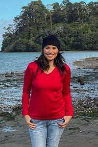 EBONY_WOMENS 100% MERINO (210) LONG SLEEVE V NECK TOP RUBY _ _ Ebony Boutique NZ