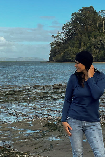 EBONY_WOMENS 100% MERINO (210) LONG SLEEVE V NECK TOP TWILIGHT _ _ Ebony Boutique NZ