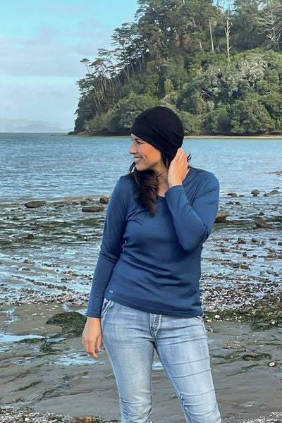 EBONY_WOMENS 100% MERINO (210) LONG SLEEVE V NECK TOP TWILIGHT _ _ Ebony Boutique NZ