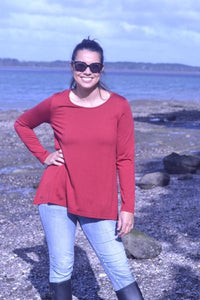 EBONY_WOMEN'S 100% MERINO WOOL (210) A-LINE SCOOP LONG SLEEVE TOP EMBER _ _ Ebony Boutique NZ