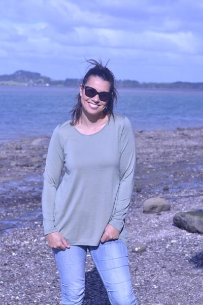 EBONY_WOMEN'S 100% MERINO WOOL (210) A-LINE SCOOP LONG SLEEVE TOP SAGE _ _ Ebony Boutique NZ