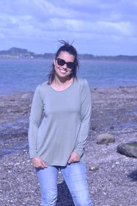 EBONY_WOMEN'S 100% MERINO WOOL (210) A-LINE SCOOP LONG SLEEVE TOP SAGE _ _ Ebony Boutique NZ