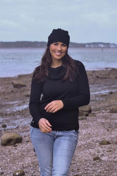 EBONY_WOMENS 100% MERINO WOOL (210) COWL NECK LONG SLEEVE JUMPER BLACK _ _ Ebony Boutique NZ