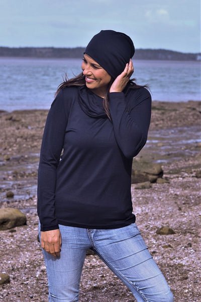 EBONY_WOMENS 100% MERINO WOOL (210) COWL NECK LONG SLEEVE JUMPER FRENCH NAVY _ _ Ebony Boutique NZ