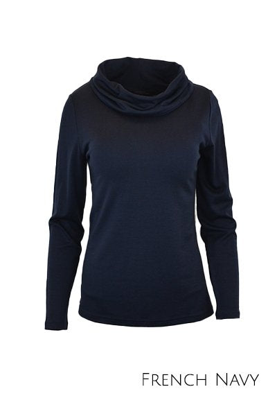 EBONY_WOMENS 100% MERINO WOOL (210) COWL NECK LONG SLEEVE JUMPER FRENCH NAVY _ _ Ebony Boutique NZ