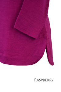 EBONY_WOMENS 100% MERINO WOOL (210) CURVE HEM LONG SLEEVE TOP RASPBERRY _ _ Ebony Boutique NZ