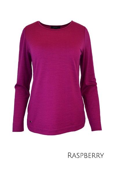 EBONY_WOMENS 100% MERINO WOOL (210) CURVE HEM LONG SLEEVE TOP RASPBERRY _ _ Ebony Boutique NZ