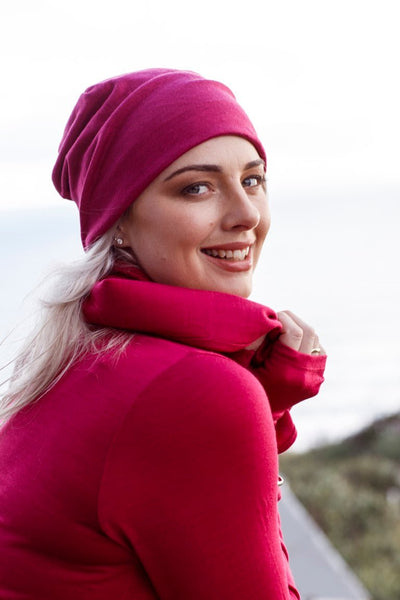 EBONY_MERINO WOOL FINGERLESS GLOVES WOMENS RASPBERRY _ _ Ebony Boutique NZ