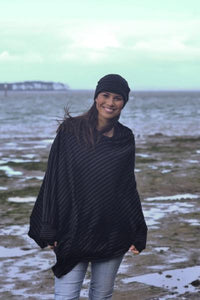 EBONY_MERINO WOOL FINGERLESS GLOVES WOMENS STRIPE BLACK/GREY _ _ Ebony Boutique NZ