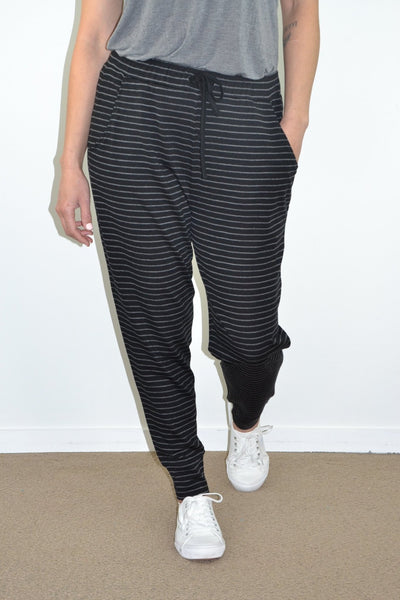 EBONY_WOMEN'S 100% MERINO WOOL (210) JOGGER PANTS STRIPE BLACK/GREY _ _ Ebony Boutique NZ