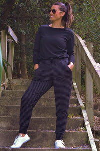 EBONY_WOMEN'S 100% MERINO WOOL (210) JOGGER PANTS STRIPE BLACK/GREY _ _ Ebony Boutique NZ