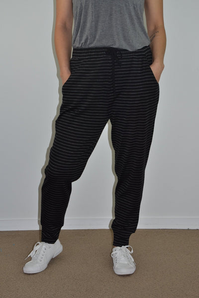 EBONY_WOMEN'S 100% MERINO WOOL (210) JOGGER PANTS STRIPE BLACK/GREY _ _ Ebony Boutique NZ