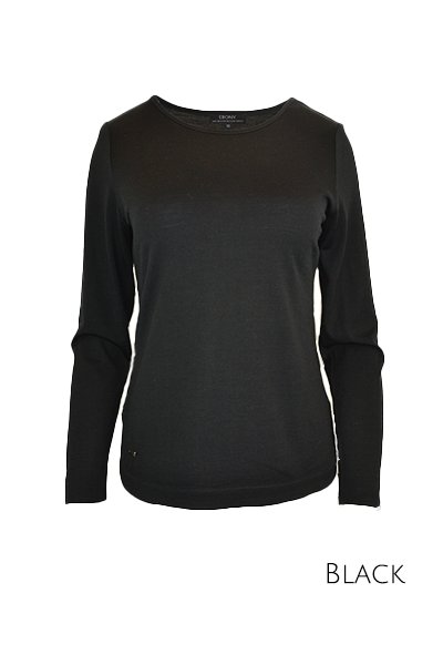 EBONY_WOMENS 100% MERINO WOOL (210) CURVE HEM LONG SLEEVE TOP BLACK _ _ Ebony Boutique NZ