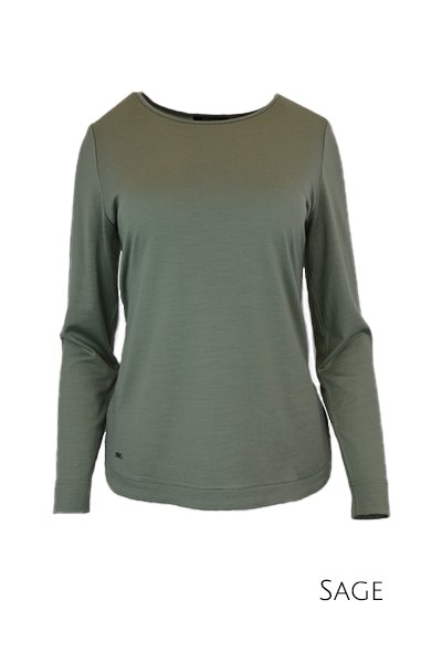 EBONY_WOMENS 100% MERINO WOOL (210) CURVE HEM LONG SLEEVE TOP SAGE _ _ Ebony Boutique NZ