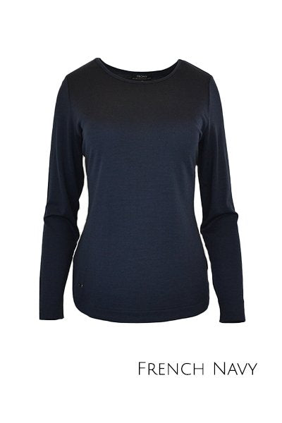 EBONY_WOMENS 100% MERINO WOOL (210) CURVE HEM LONG SLEEVE TOP FRENCH NAVY _ _ Ebony Boutique NZ
