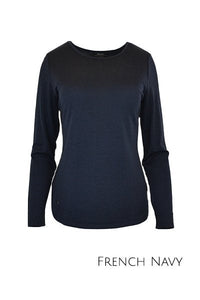 EBONY_WOMENS 100% MERINO WOOL (210) CURVE HEM LONG SLEEVE TOP FRENCH NAVY _ _ Ebony Boutique NZ