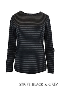 EBONY_WOMENS 100% MERINO WOOL (210) CURVE HEM LONG SLEEVE TOP STRIPE BLACK/GREY _ _ Ebony Boutique NZ