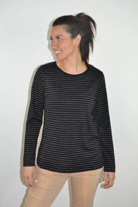 EBONY_WOMENS 100% MERINO WOOL (210) CURVE HEM LONG SLEEVE TOP STRIPE BLACK/GREY _ _ Ebony Boutique NZ