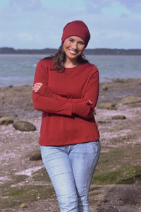 EBONY_WOMENS 100% MERINO WOOL (210) CURVE HEM LONG SLEEVE TOP EMBER _ _ Ebony Boutique NZ