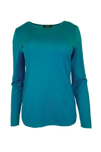 EBONY_WOMEN'S 100% MERINO WOOL (210) LONG SLEEVE CURVE HEM TOP TEAL _ _ Ebony Boutique NZ