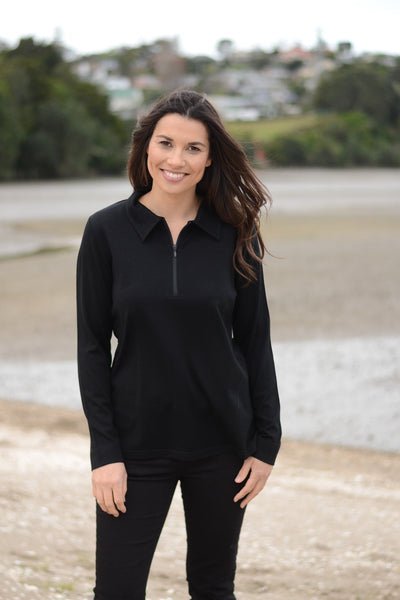 EBONY_WOMENS 100% MERINO WOOL (210) LONG SLEEVE QUARTER ZIP TOP _ _ Ebony Boutique NZ