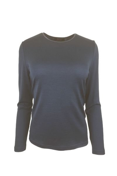 EBONY_WOMEN'S 100% MERINO WOOL (210) LONG SLEEVE SATIN CREW TOP INDI BLUE _ _ Ebony Boutique NZ