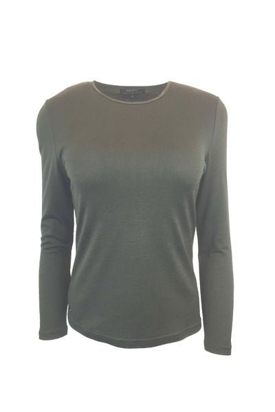 EBONY_WOMEN'S 100% MERINO WOOL (210) LONG SLEEVE SATIN CREW TOP KHAKI _ _ Ebony Boutique NZ